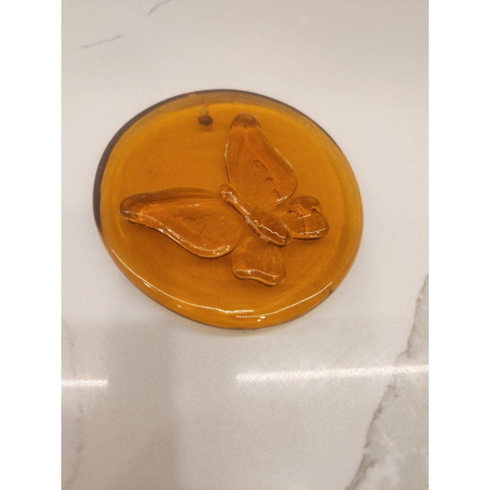 Vintage Pressed Glass Suncatcher With Butterfly Design Amber Glass 3.5" Round - Picture 5 of 7
